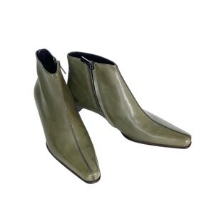 Fendi Womens Olive Green Leather Square Toe Kitten Heel Ankle Boots Size 37.5